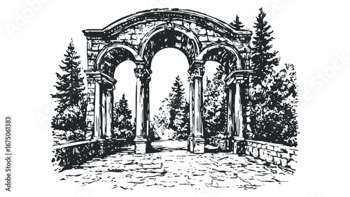 Ink sketch of classical stone archway with coniferous trees and stone path. Vector hand drawn illustration