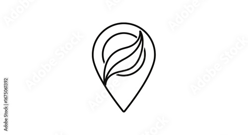 Black line art of a map pin icon with a stylized leaf, representing an eco-friendly location.