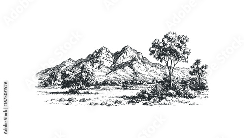 Detailed sketch of arid landscape with rugged mountains and sparse vegetation. Vector hand drawn illustration