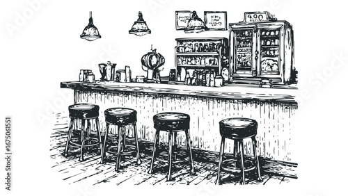 Empty bar interior with stools, bottles, and lamps. Vector hand drawn illustration