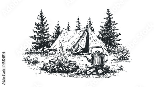 Campfire with kettle beside tent in wooded forest clearing scene. Vector hand drawn illustration
