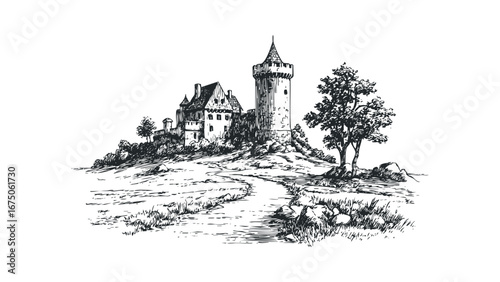 Historic stone castle with a tall tower and pathway on a hill. Vector hand drawn illustration