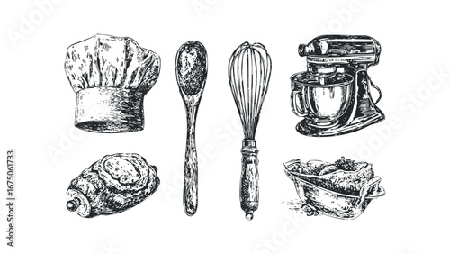 Collection of vintage culinary equipment and baked goods sketch. Vector hand drawn illustration