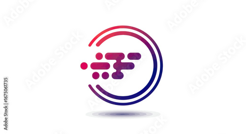 Gradient F letter logo with rounded dots and lines inside a broken circular frame.