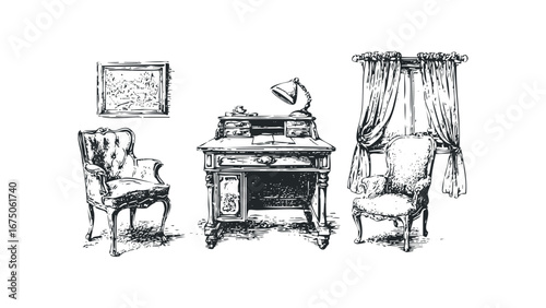 Antique writing desk with ornate chairs and window drapes. Vector hand drawn illustration