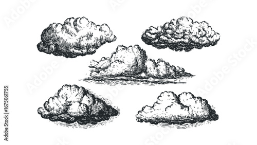 Puffy Cumulus Clouds Drawn in Vintage Hatch Style. Vector hand drawn illustration