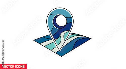 Stylized Blue and White Wave Pattern Location Pin on Map