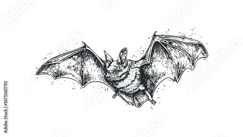 Detailed monochrome sketch of a bat in mid-flight with wings spread. Vector hand drawn illustration