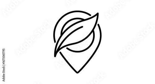 Black line art icon of a leaf within a circular map pin, symbolizing an eco-friendly location.