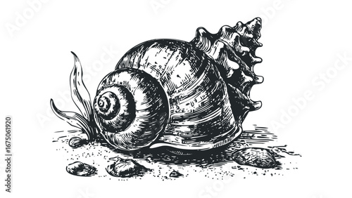 Intricate sketch of a large spiraled seashell with aquatic plants on sand. Vector hand drawn illustration