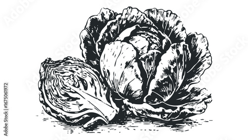 Graphic Rendering of Whole and Halved Cabbage Heads on White Surface. Vector hand drawn illustration