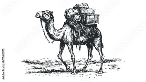 Dromedary camel with cargo pack walking through arid landscape. Vector hand drawn illustration