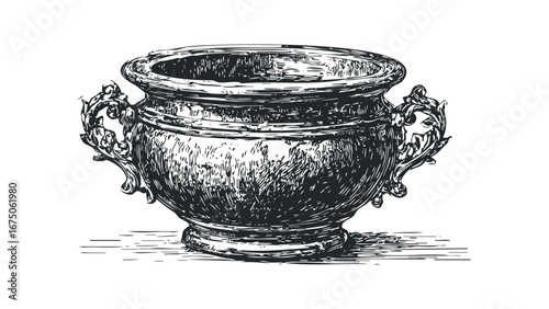 Ornate Metal Urn with Handles on White Background. Vector hand drawn illustration