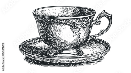 Intricate Etching of Antique Porcelain Teacup and Saucer. Vector hand drawn illustration