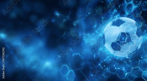 Abstract futuristic blue hexagonal pattern background with soccer ball sphere in space, technological illustration for banner, poster or presentation