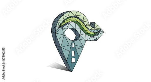 Polygonal 3D location pin icon with an integrated road and a winding green path.