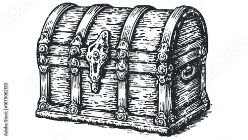 Vintage Wooden Treasure Chest with Ornate Metal Clasp and Hinges. Vector hand drawn illustration