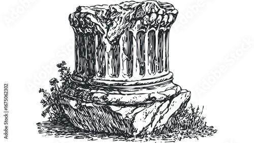 Ancient column capital fragment with foliage and stone base. Vector hand drawn illustration