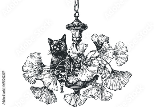 Black cat peering from vintage chandelier adorned with ginkgo leaves. Vector hand drawn illustration