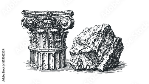 Detailed Etching of Classical Column Capital Beside Rough Stone Fragment. Vector hand drawn illustration