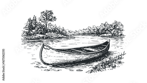 Sketch of a canoe resting by a tranquil tree-lined shore on calm water. Vector hand drawn illustration