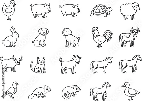 Flat vector illustration, animal icons, farm animals, domestic pets, livestock graphic, poultry symbol, wildlife design, pet icon, barnyard element, agriculture concept