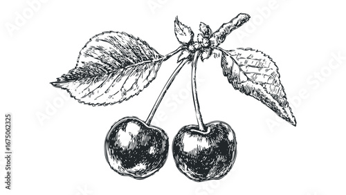 Hand-drawn sketch of two ripe cherries with leaves on a white background. Vector hand drawn illustration