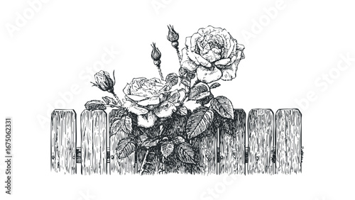 Sketch of blooming roses and buds behind a wooden picket fence. Vector hand drawn illustration