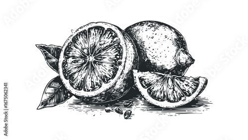 Black and White Sketch of Ripe Lemons and Leaves. Vector hand drawn illustration