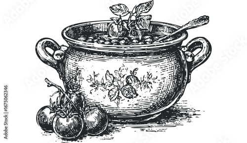 Hearty Tomato Soup in Vintage Bowl with Fresh Tomatoes and Spoon. Vector hand drawn illustration