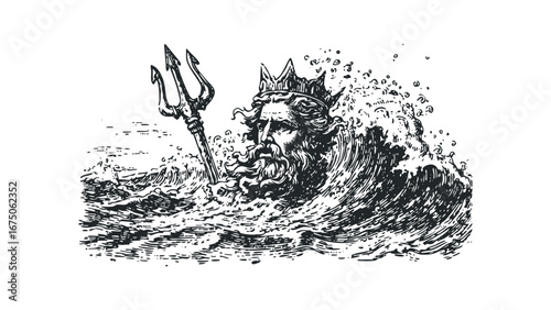 Mythological King of the Sea Emerges from Crashing Waves with Trident. Vector hand drawn illustration
