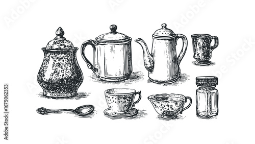Vintage Teaware Collection Sketch Featuring Teapots Cups Sugar Bowl and Spoon. Vector hand drawn illustration