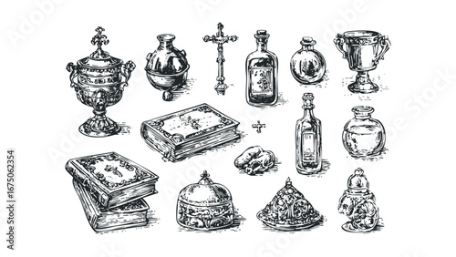 Collection of religious artifacts and ancient books sketches. Vector hand drawn illustration