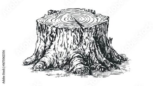 Detailed Engraving of a Thick Tree Stump with Visible Growth Rings. Vector hand drawn illustration