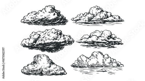 Collection of Textured Cumulus and Nimbus Clouds in Engraved Style. Vector hand drawn illustration