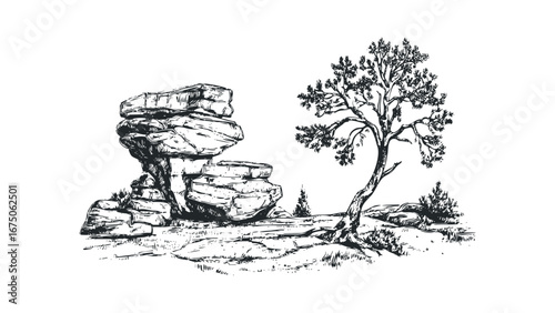 Pencil sketch of weathered stacked rocks and a solitary tree on a rocky landscape. Vector hand drawn illustration