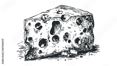 Detailed sketch of a wedge-shaped swiss cheese block with numerous holes. Vector hand drawn illustration