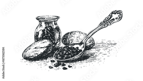 Vintage Spoon Filled With Coffee Beans Alongside A Glass Jar And Whole Beans. Vector hand drawn illustration