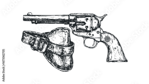 Detailed Sketch of a Vintage Revolver and Leather Holster. Vector hand drawn illustration