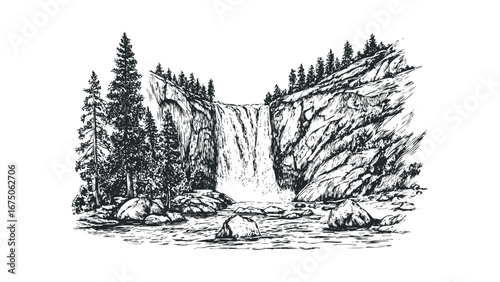 Detailed ink sketch of a cascading waterfall surrounded by pine trees and large boulders. Vector hand drawn illustration