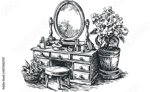 Vintage Vanity Table with Oval Mirror and Blooming Flowers. Vector hand drawn illustration