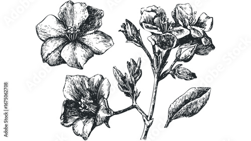 Sketch of Delicately Rendered Flowers and Leaves in Black and White. Vector hand drawn illustration