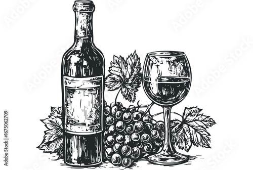 Vineyard Harvest Wine Bottle and Glass with Grapes. Vector hand drawn illustration
