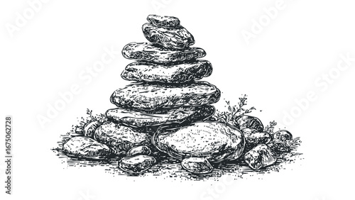 Stacked river stones with sparse greenery and textured ground. Vector hand drawn illustration