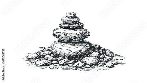 Stacked balanced river stones drawing with white background. Vector hand drawn illustration