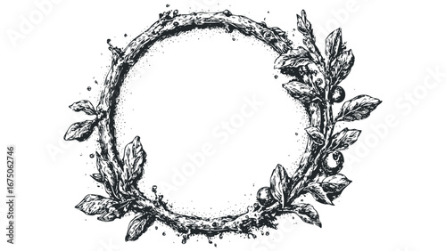 Circular botanical border with organic berries and leaves sketched in ink. Vector hand drawn illustration