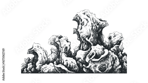 Detailed black and white sketch of weathered rock formations and textures. Vector hand drawn illustration