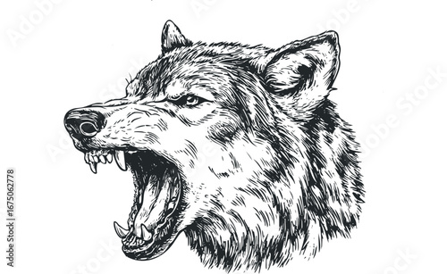 Ferocious Wolf Head With Open Mouth and Sharp Teeth. Vector hand drawn illustration