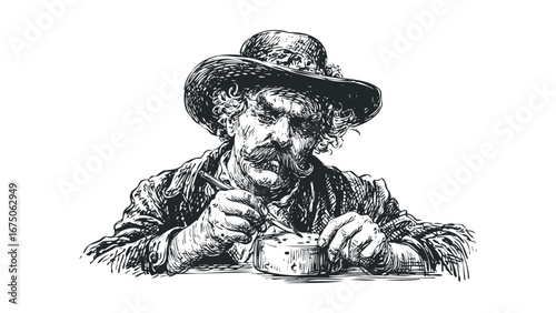 Man with hat intently focused on crafting a small object with a tool. Vector hand drawn illustration