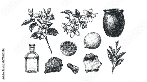 Collection of Hand-Drawn Botanicals and Pottery Items. Vector hand drawn illustration